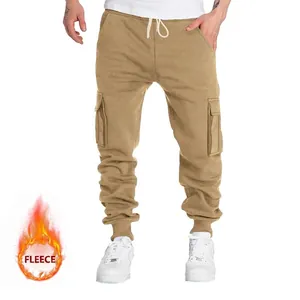 Men Fleece Lined Cargo Jogger Pants Slim Fit Multi Pocket Tapered Sweatpants Casual Solid Color Winter Bottom