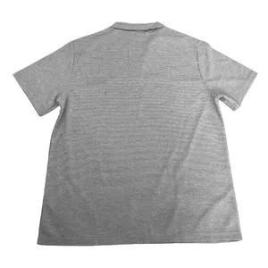 Back view of grey waffle knit men's short sleeve polo shirt with V-neck collar