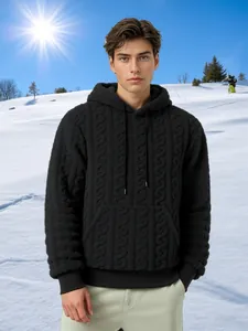 Detailed shot of black cable-knit texture on a warm men's sherpa fleece hoodie