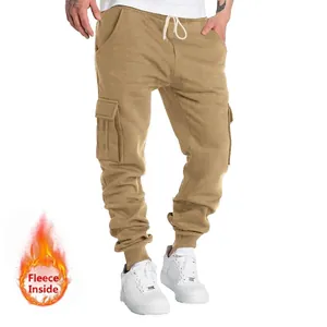 Men's warm fleece-lined khaki cargo joggers with drawstring waist and tapered cuffs.