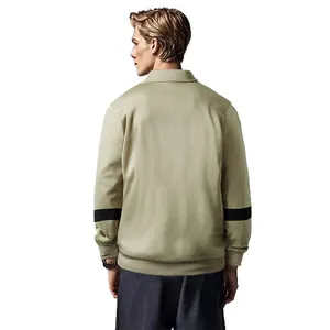 Stylish men's casual lapel sweatshirt in beige with black striped sleeves, back view