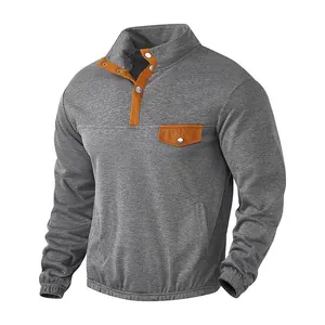 Men's casual grey long sleeve sweatshirt with brown stand-up collar and chest pocket