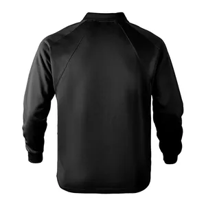 Men's heavy black solid color sweatshirt with a polo collar and raglan sleeves back view