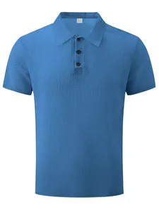 Blue men's short-sleeve Polo shirt featuring a textured waffle knit fabric design