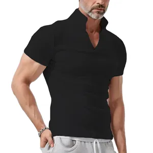 Slim fit men's black waffle polo shirt with unique stand-up V-neck collar design details