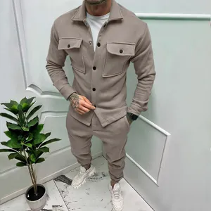 Men's two-piece suede leisure suit with jacket and joggers in khaki finish