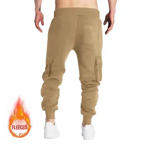 Men's fleece-lined cargo joggers in khaki with multi-pockets and tapered cuffs