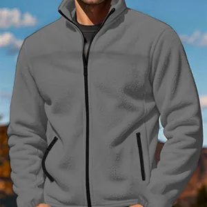 Casual grey men's fleece outdoor jacket with stand-up collar and front zipper closure