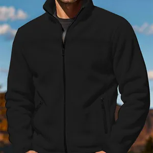 Classic black men's outdoor fleece jacket with stand collar and functional zipper pockets
