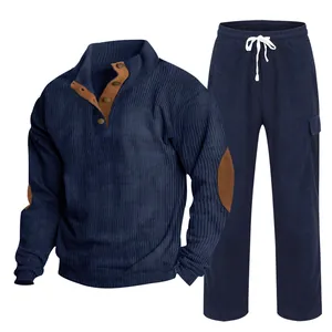 Men's navy blue corduroy tracksuit with half-button pullover and matching joggers