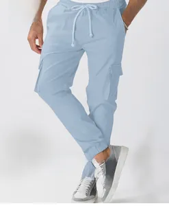 Detailed view of light blue cargo joggers for men with side pockets and drawstring