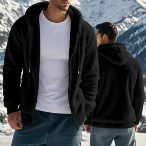 Premium black men's sherpa fleece zip-up hoodie front and back view for winter