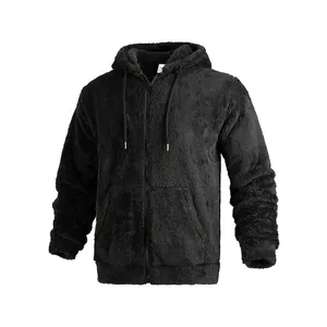Close-up detail of the warm black sherpa fleece fabric on a hooded zip-up jacket
