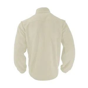 Minimalist cream-colored loose fleece jacket with stand collar, back view for men