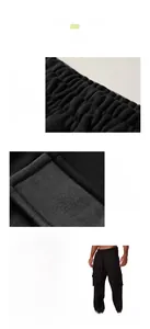 Detailansichten der schwarzen Cargohose für Herren mit Kordelzug und 3D-Taschen.