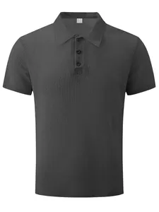 Front view of men's dark grey short sleeve Polo shirt with waffle texture and buttons