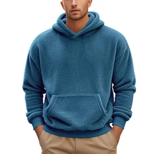 Close-up of a blue fuzzy fleece hooded sweatshirt for men with a front kangaroo pocket.