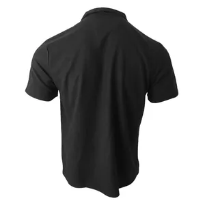 Back view detail of men's black waffle knit polo shirt showing fabric texture.
