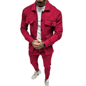 Men's red suede tracksuit set featuring a long-sleeve utility jacket and matching pants