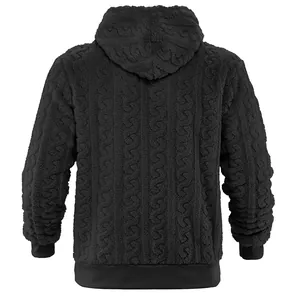 Detailed back view of men's black cable-knit fleece hoodie with thick warm texture