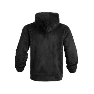 Back view detail of black fuzzy fleece material showing hooded design and ribbed hem