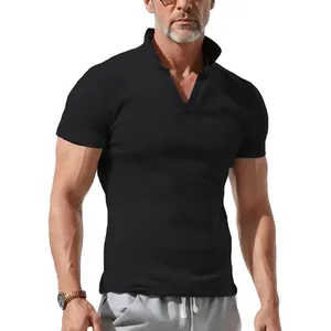 Detail of men's black waffle knit polo shirt featuring a stylish V-neck and collar design