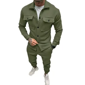 Men's premium army green suede workwear sports set featuring long sleeve jacket and pants