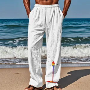 Pantalon décontracté blanc pour homme avec imprimé perroquet pour le bord de mer