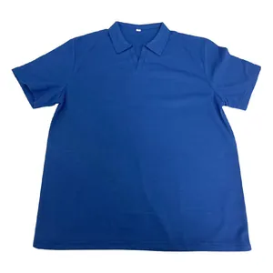 Detailed view of men's blue waffle knit polo shirt with V-neckline
