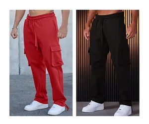 Casual cargobroek voor heren met trekkoord en 3D-zijzakken in de kleuren rood en zwart.