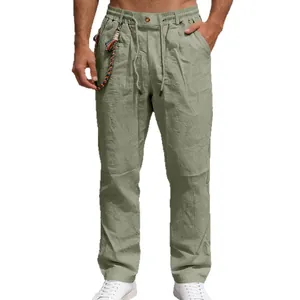 Pantalon décontracté en lin vert sauge respirant pour homme avec cordon de serrage