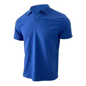 Detailed macro view showing the blue waffle texture fabric of this men's V-neck polo shirt