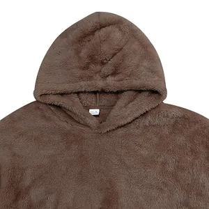 Detailed view of brown plush fleece hoodie hood with soft fabric texture and neck label