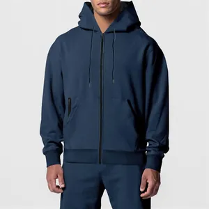 Giacca sportiva da uomo con cappuccio blu scuro e cerniera per corsa all'aperto