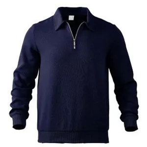 Felpa da uomo blu navy a maniche lunghe con mezza zip, colletto polo e trama jacquard
