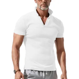 Detailed view of men's white waffle knit polo shirt with stylish V-neck and stand collar