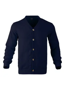 Navy blue V-neck button cardigan sweater with intricate jacquard knit pattern for men