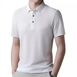 Men's casual white short sleeve polo shirt featuring a textured waffle knit and classic collar