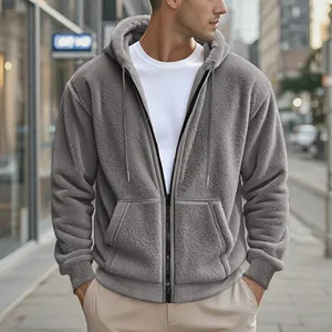 Detail view of men's gray warm fleece zip-up hoodie showing soft fleece texture