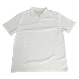 Detailed view of men's white waffle knit polo shirt with V-neck collar and short sleeves