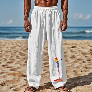 Pantalon décontracté blanc pour homme, coupe droite avec imprimé perroquet coloré