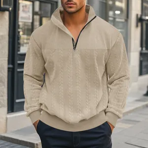 Felpa Casual da Uomo con Mezza Zip Texture Jacquard in Poliestere Collo Alto Pullover a Maniche Lunghe Vestibilità Comoda