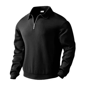 Felpa polo da uomo nera a maniche lunghe con mezza zip e motivo jacquard testurizzato