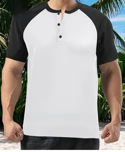 Classic men's color-block short-sleeved Henley shirt with a three-button placket for summer