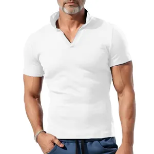 Athletic fit men's white waffle knit Polo shirt with V-neck and short sleeves detail