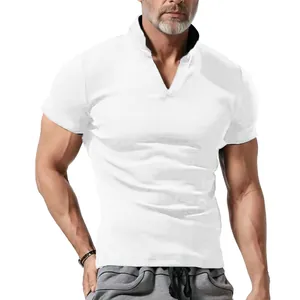 Detailed view of white waffle knit men's Polo shirt with V-neck and standing collar