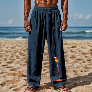 Pantalon décontracté droit bleu marine pour homme avec imprimé perroquet coloré
