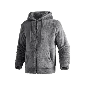Detailed view of the soft fuzzy fleece texture on a grey men's hooded zip-up jacket