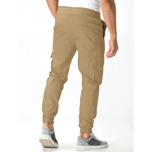 Khaki men's cargo jogger pants featuring multiple pockets and comfortable drawstring waist