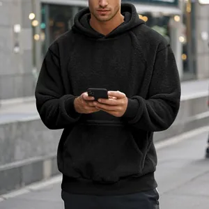 Men's Oversized Fleece Pullover Hoodie Solid Color Sherpa Texture Sweatshirt Casual Loose Fit Long Sleeve Pocket Top
